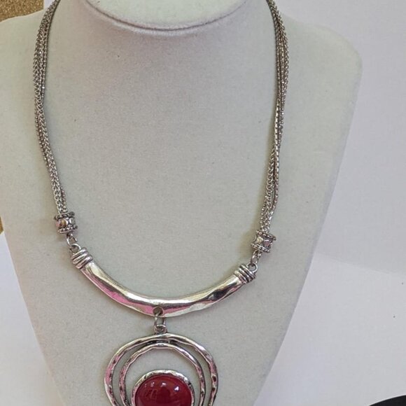 German Silver Necklace, Red Stone Pendant, Boho Tribal Jewelry, Ethnic Statement - Picture 8 of 8